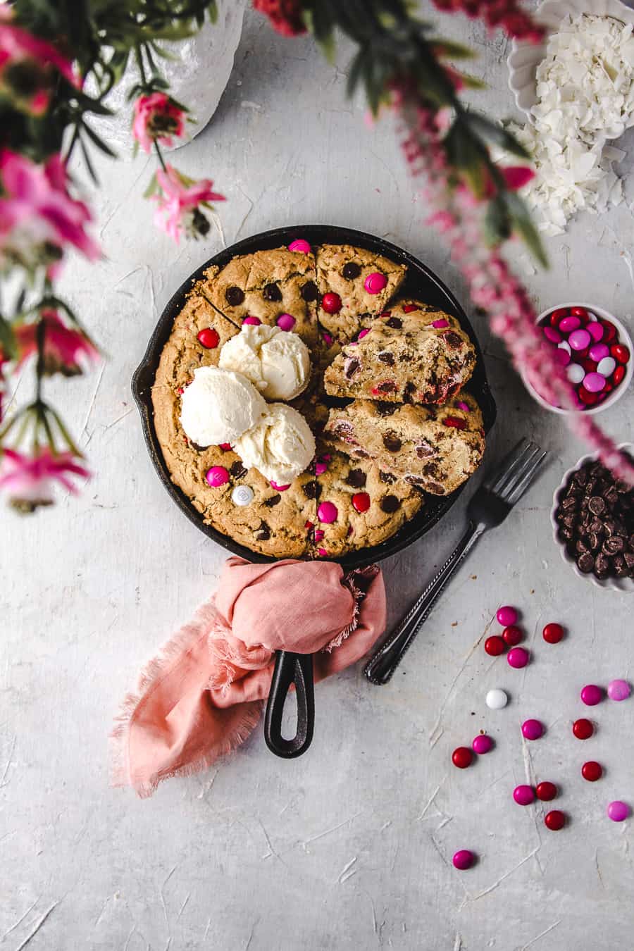 browned butter, m&m chocolate chip skillet cookie